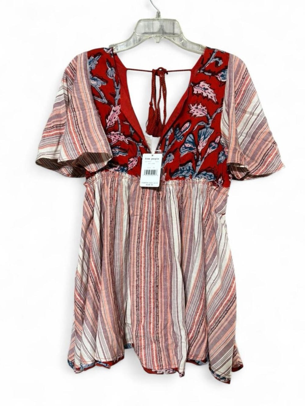 Free People Red & Pink Striped Floral Peasant Tunic